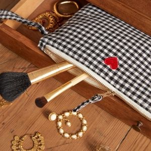 Sezane Small Flat Pouch in Gingham Black and White with Red Embroidery Heart